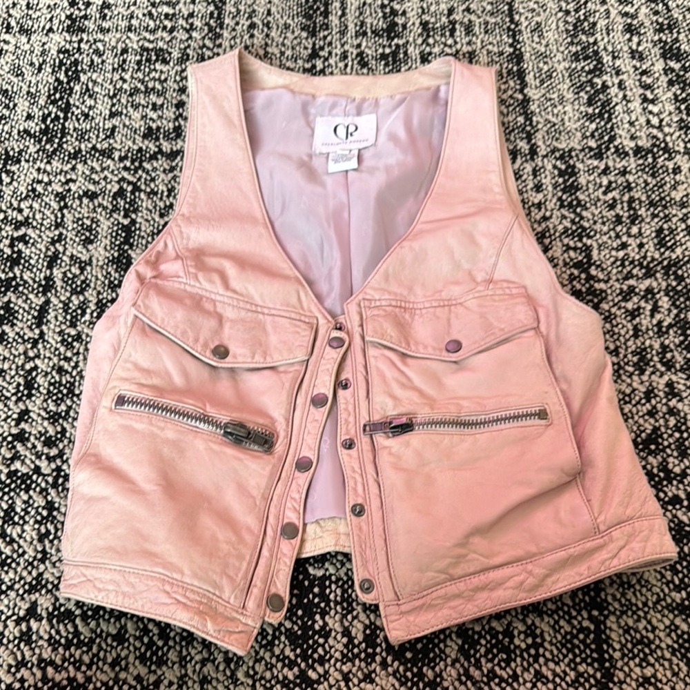 Pink Leather Vest with Zipper Pockets